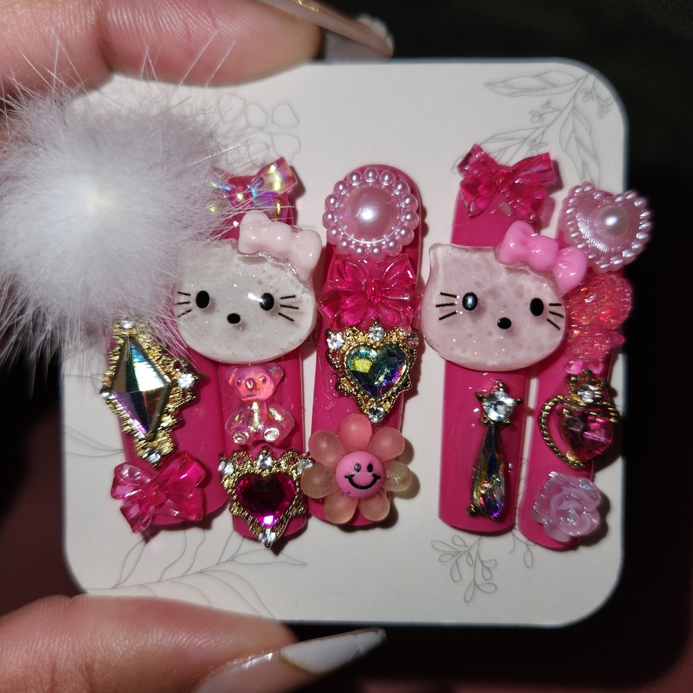 Cute Kitty Pink Press-On Nails with Gems
